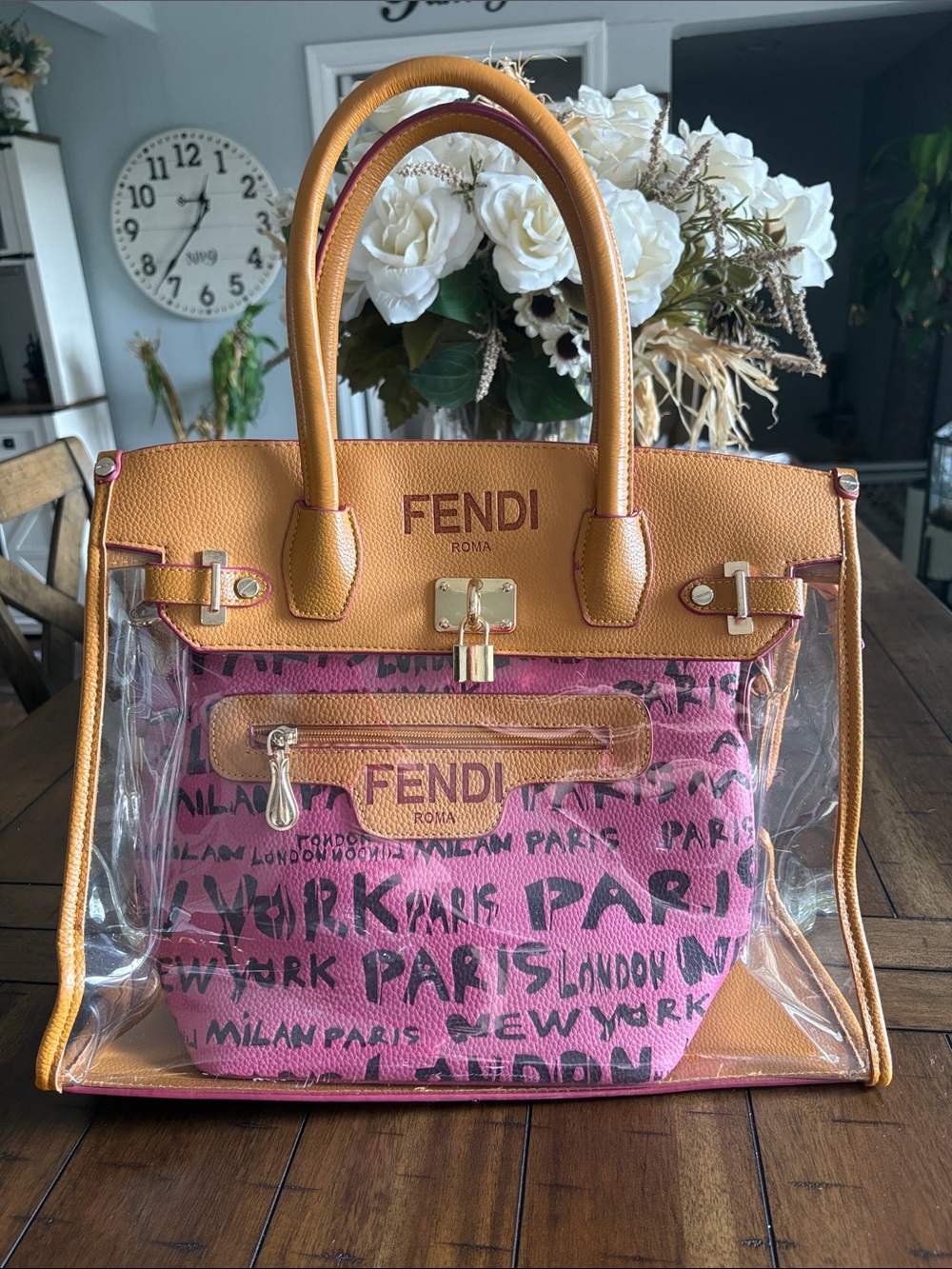 Clear Tote with Pink Graffiti Bag Purse and Tan Leather Trim